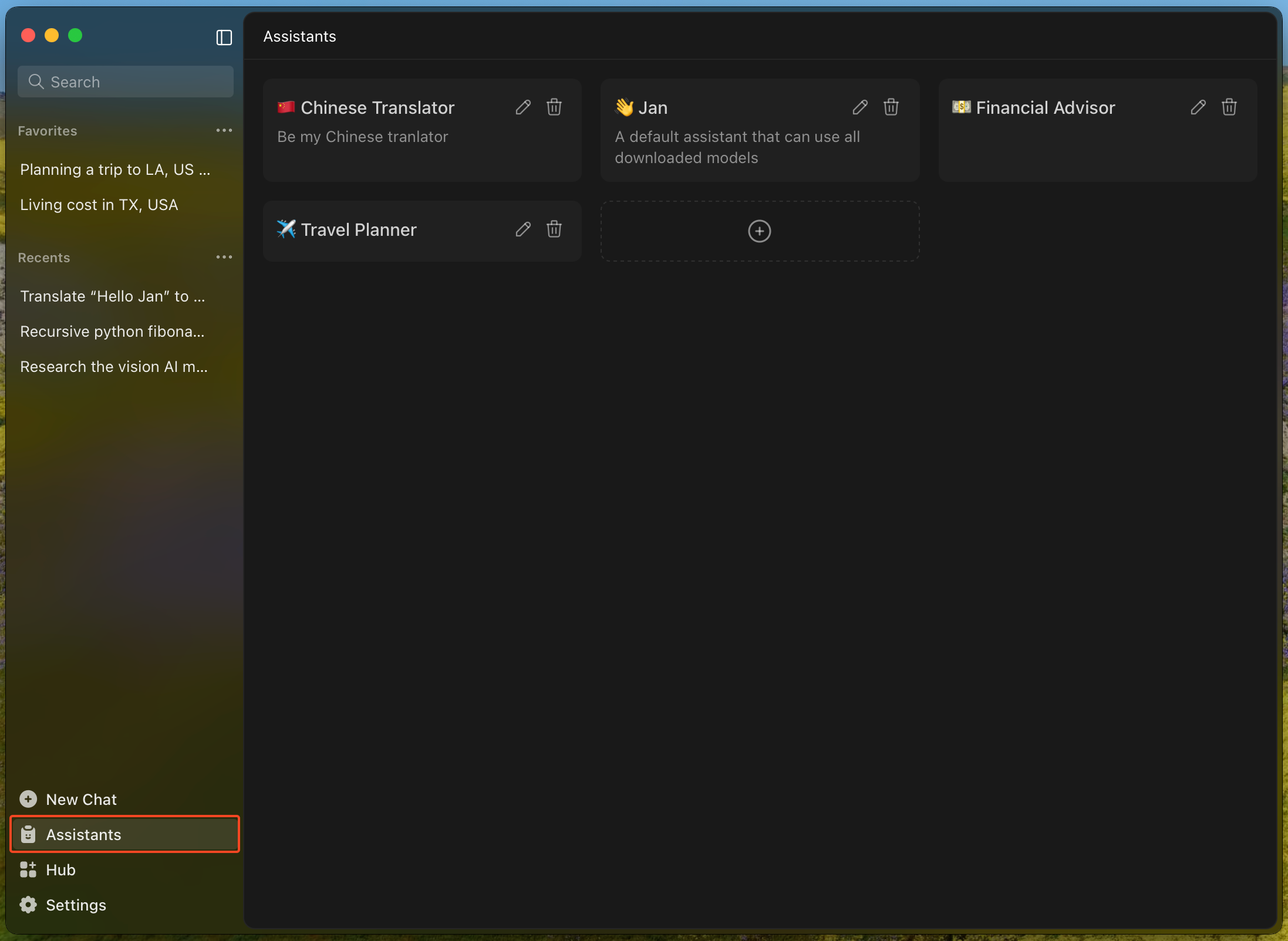 The Assistants management page, where you can view, add, edit, or delete assistants. Each assistant has a name, description, and can be customized for different tasks.