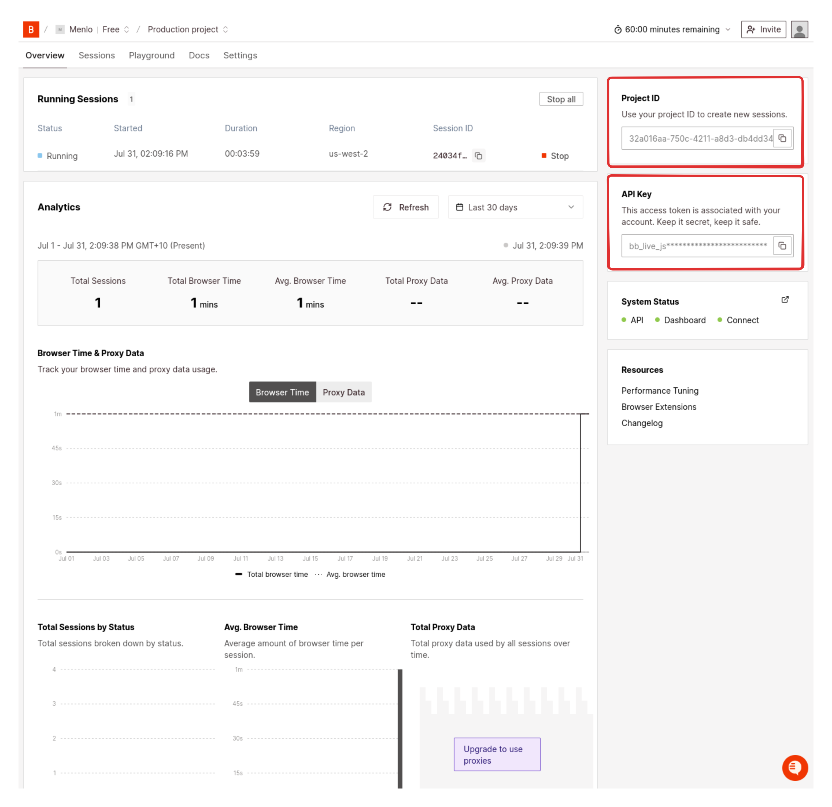 Browserbase dashboard showing API key and project ID