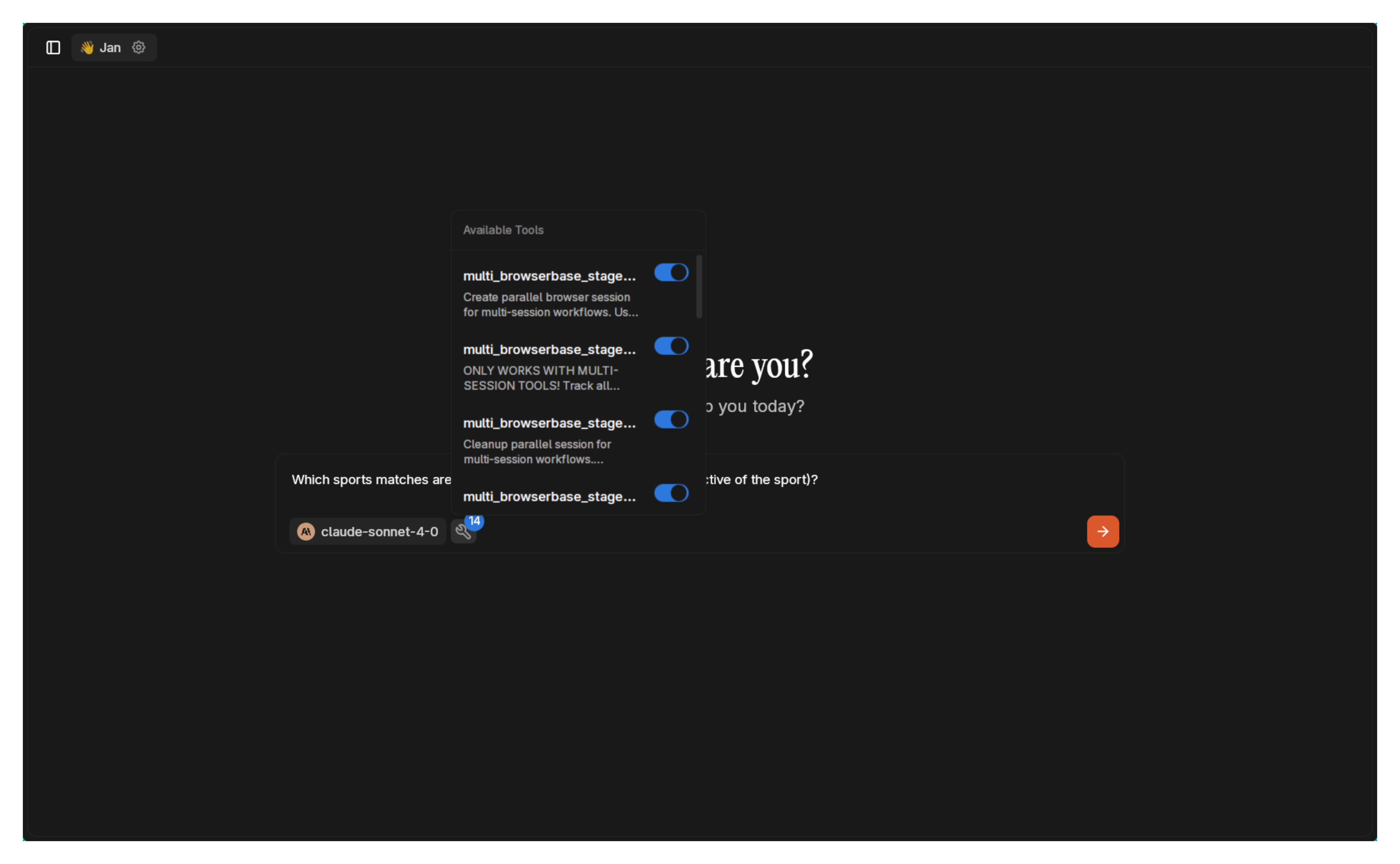 Chat interface showing available Browserbase tools