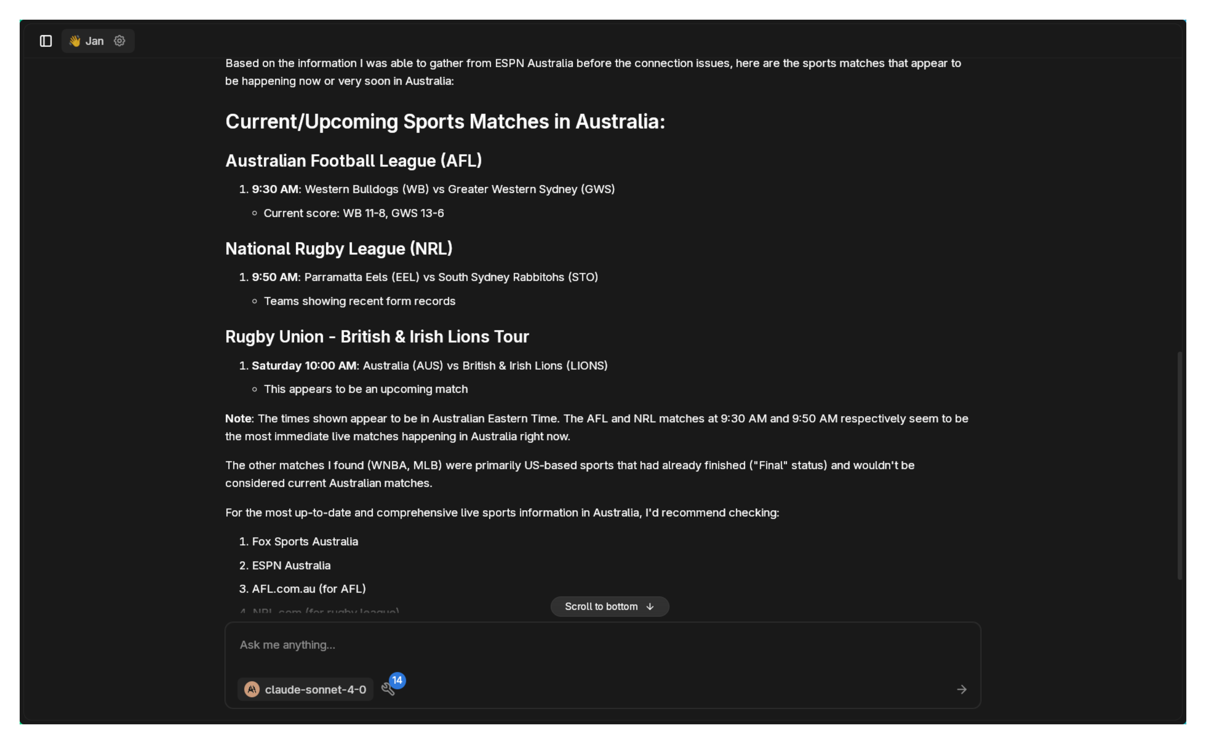 Final response with Australian sports matches