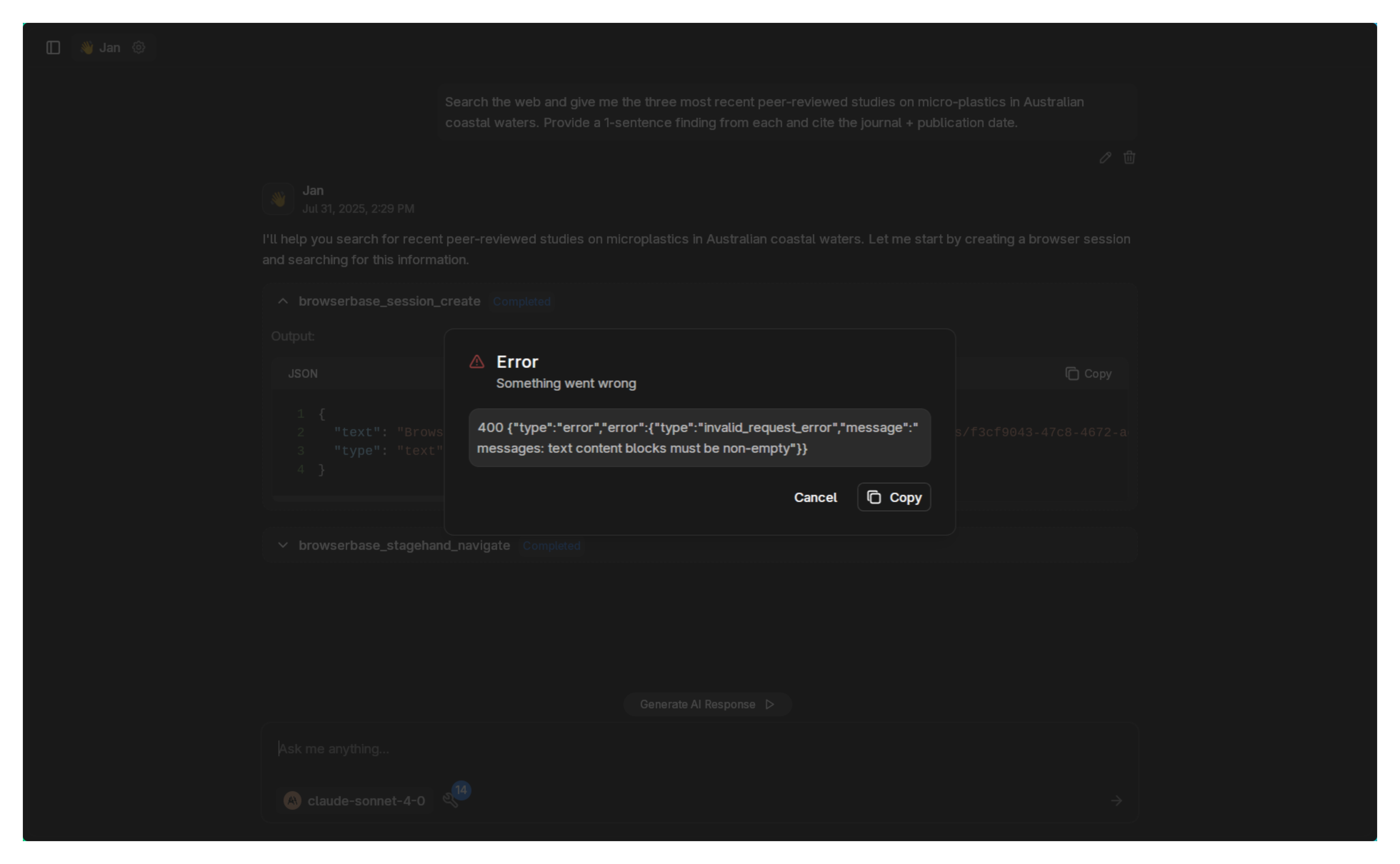 Tool call error showing parsing problem