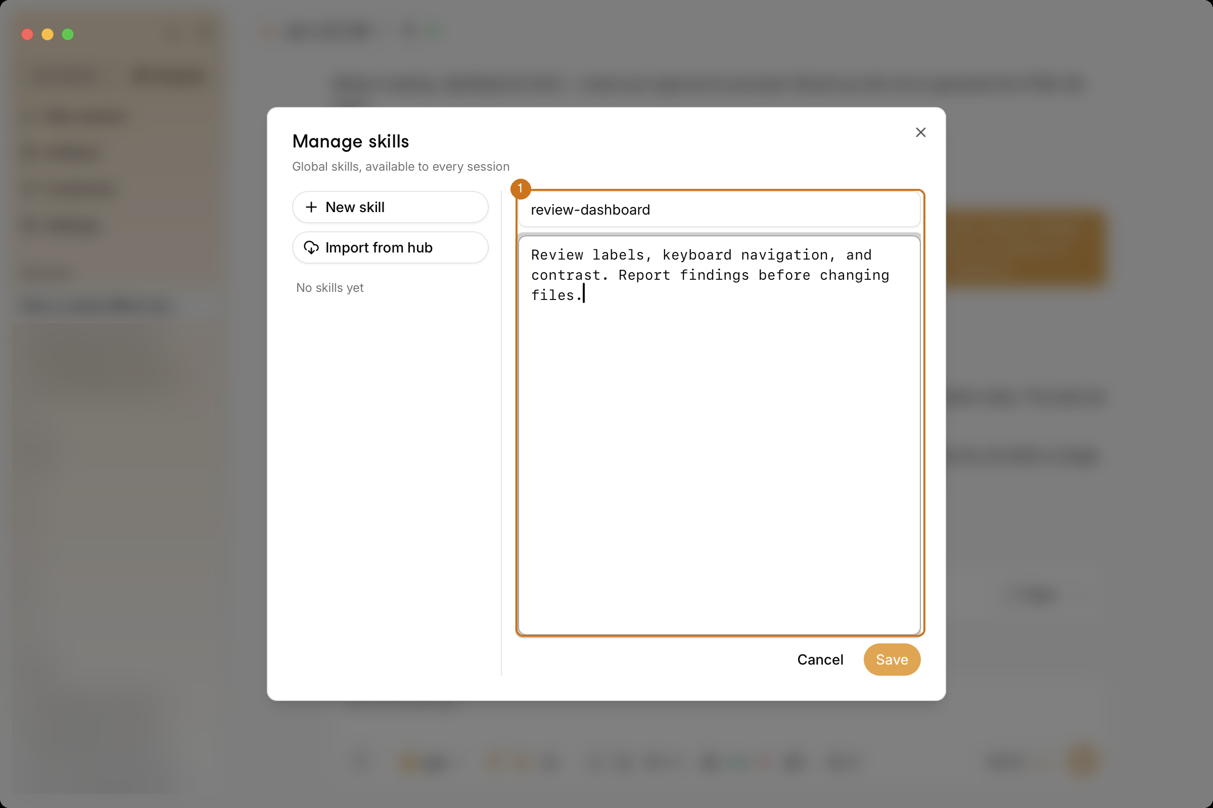New skill editor with the name and instructions highlighted