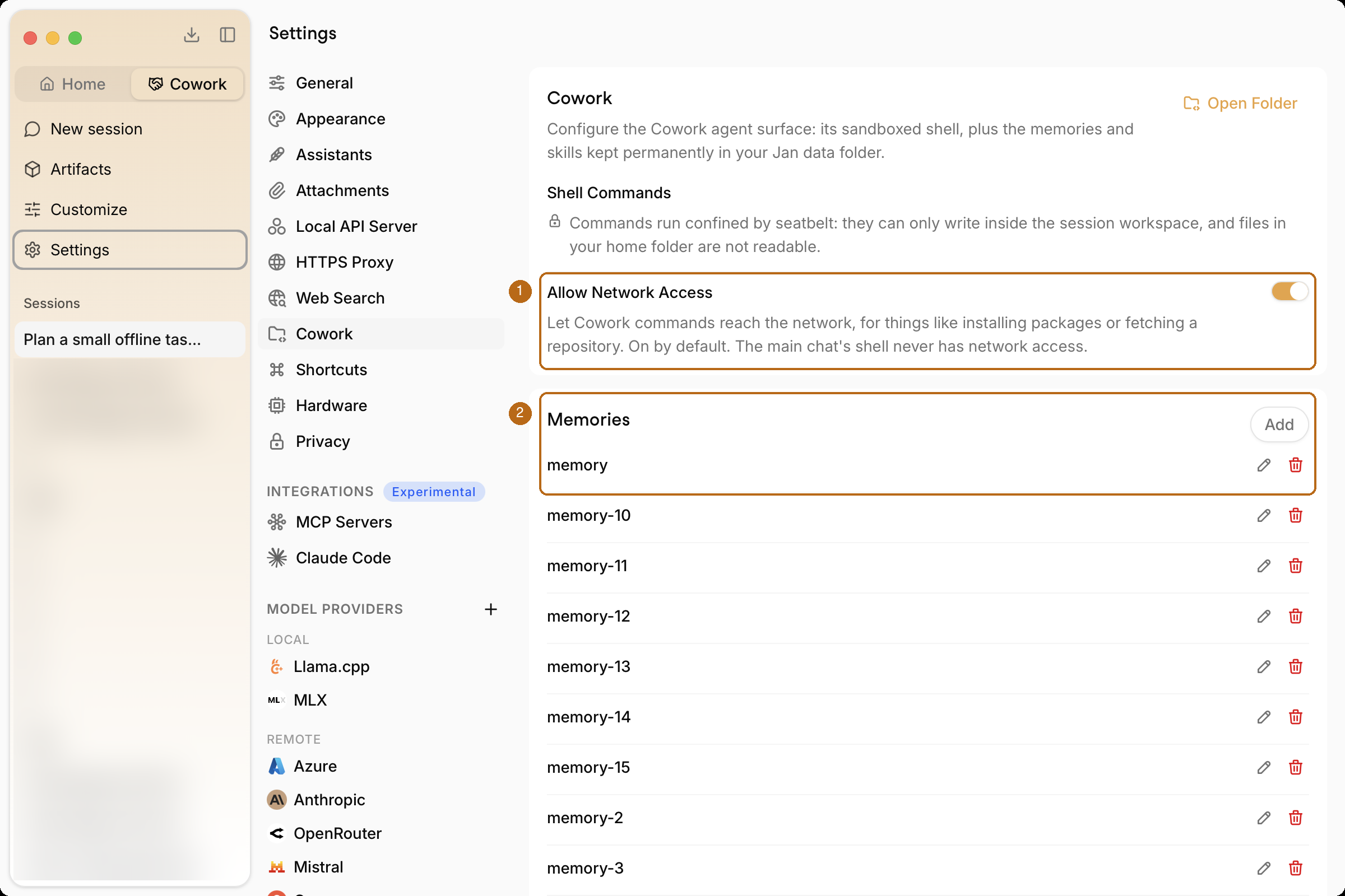 Cowork settings with shell network access and memories highlighted
