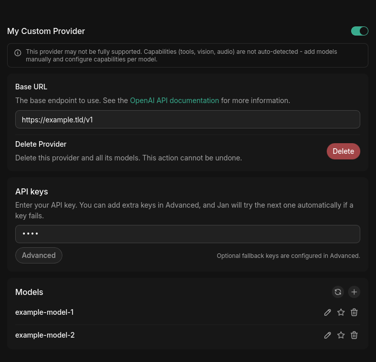Custom provider settings with model list