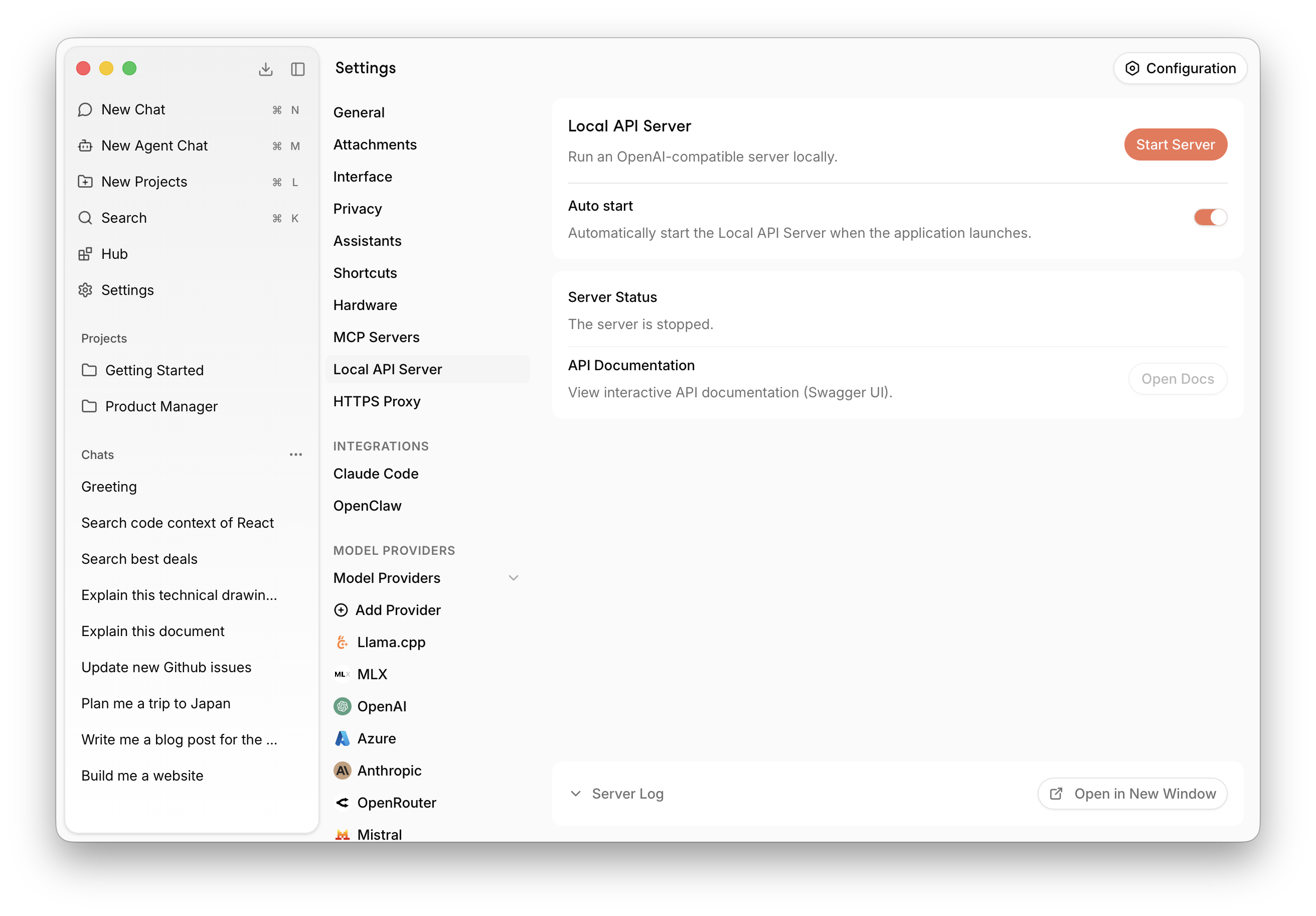 Jan's Local API Server Settings UI