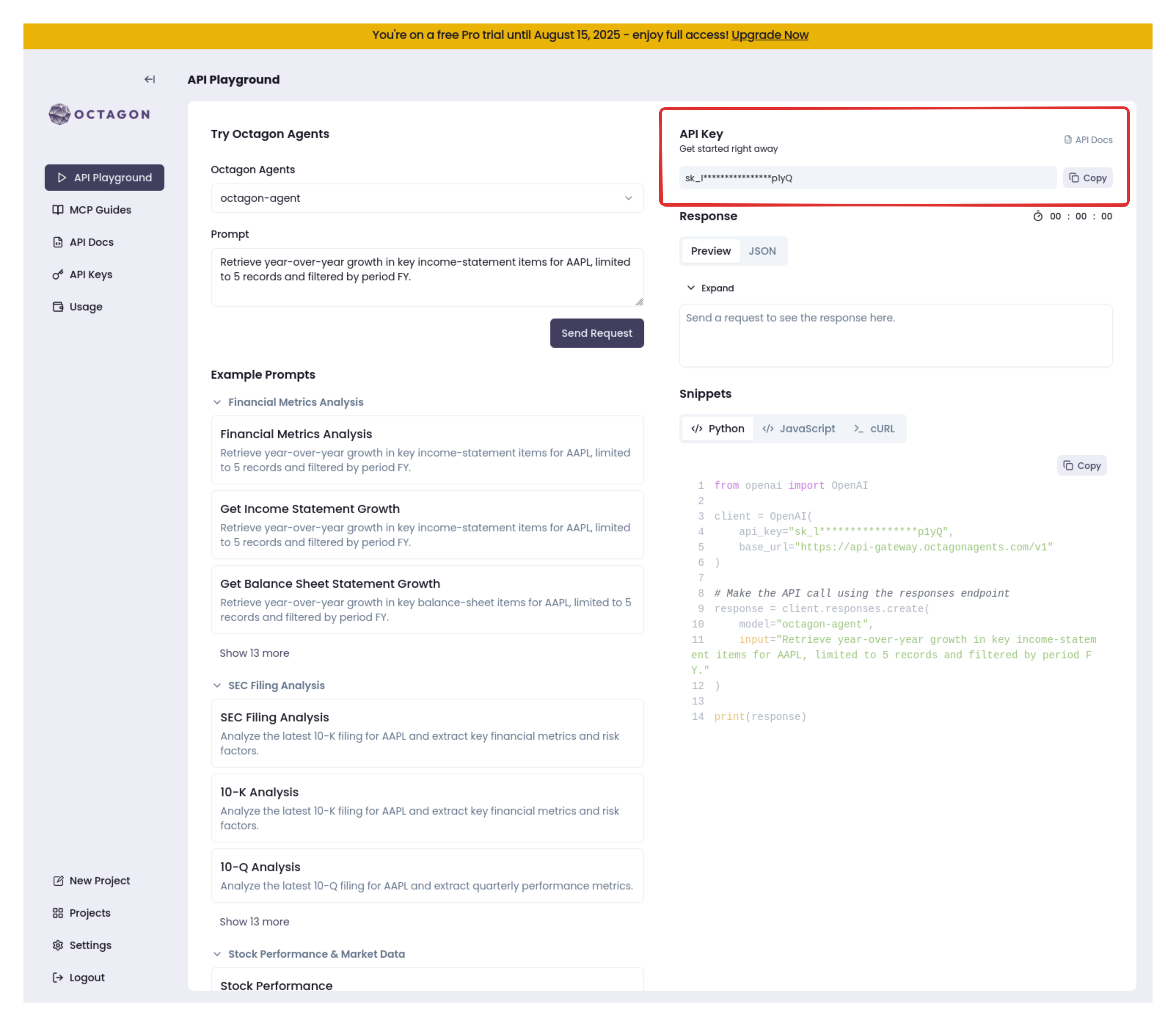 Octagon API playground showing API key location