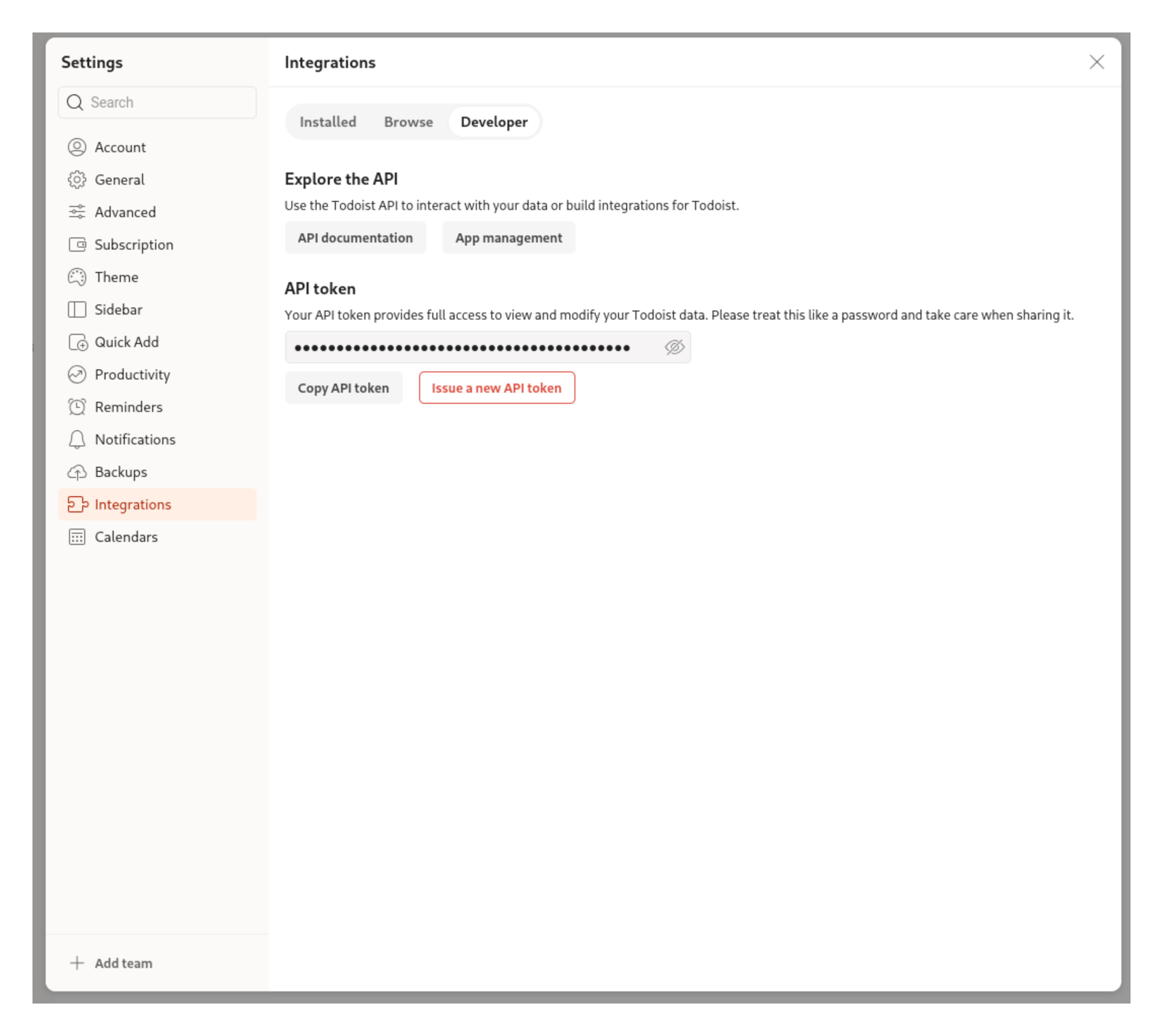 Todoist API token in settings